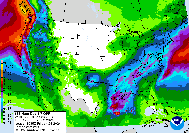 The National Weather Service's Weather Prediction Center 7-day rainfall forecast is valid from Jan. 26 to Feb. 2. A weekend storm will unload heavy rain from the Gulf Coast to the Appalachians. Next week, staggering rainfall amounts in excess of 4 inches are possible along the West Coast next week.