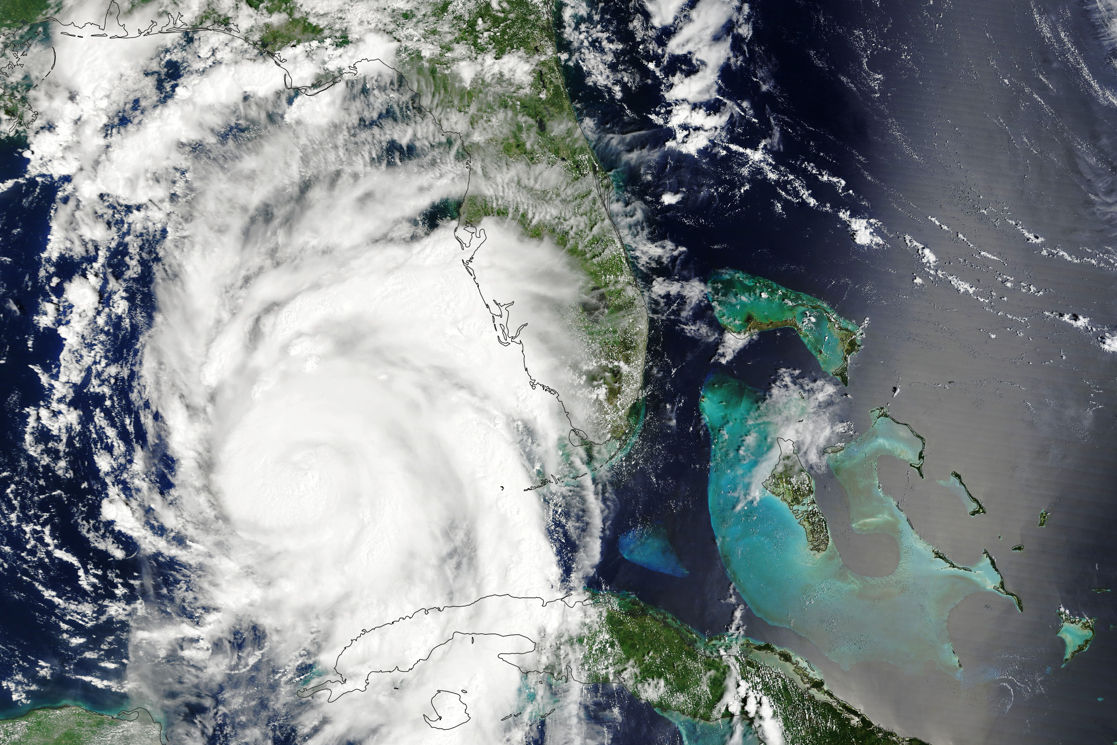 A satellite image shows Hurricane Idalia as it charged across the eastern Gulf of Mexico, strengthening as it passed over unusually warm waters, on Aug. 23, 2023. (NASA)