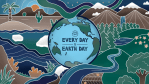 A graphic of the Earth with the text “Every day is Earth Day” on it. The Earth is surrounded by drawings of nature including a desert, tropics, tundra, marine and deep sea environments, mountains, forests, rivers, and hills. (Kaleigh Ballantine/NOAA).